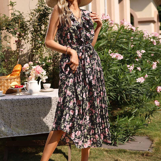 FLORAL PRINT LONG SLEEVELESS DRESS WITH RUFFLES