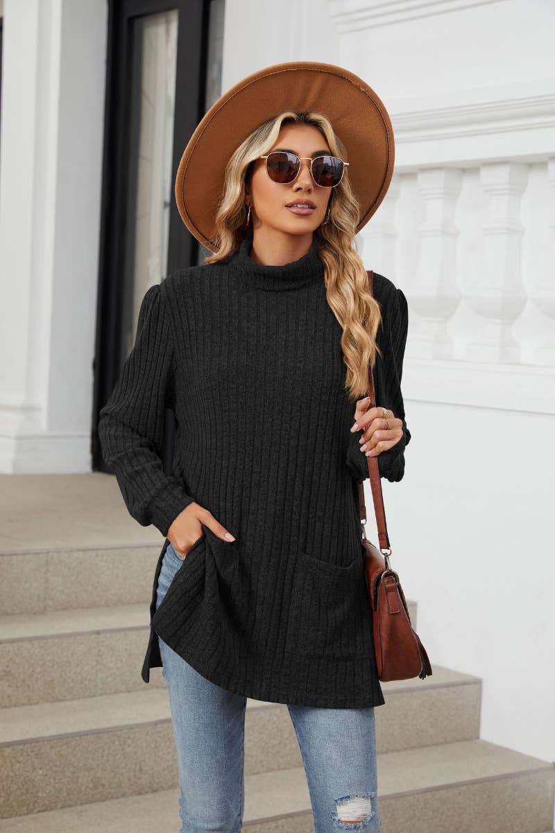 CWOSWL6563_TURTLENECK LONG SLEEVE POCKET SLIT SWEATER LONG