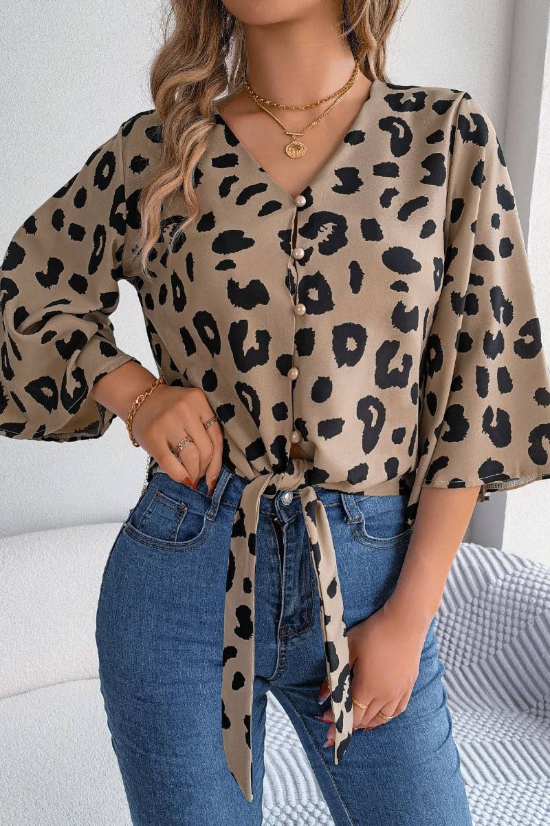 CWTSTL1203_CASUAL LEOPARD PRINT LACE-UP CHIFFON SHIRT TOP