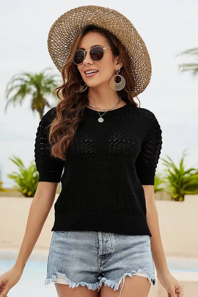 CWTBLS1766_SPRING AND SUMMER HOLLOW SOLID COLOR PULLOVER TOP