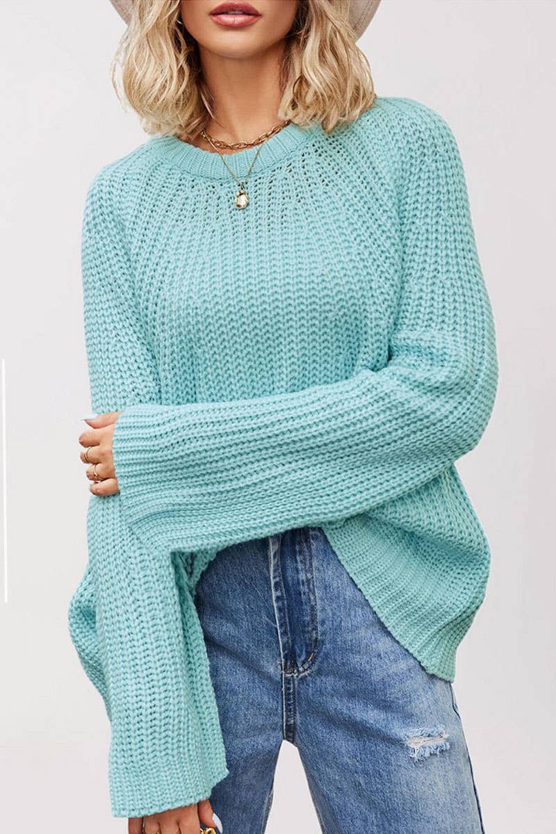 CWOSWL6853_ROUND NECK TRUMPET SLEEVE SOLID COLOR SWEATER