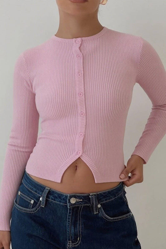 CWOCAL00756_FITTED SOLID LONG SLEEVE BUTTON KNIT TOP