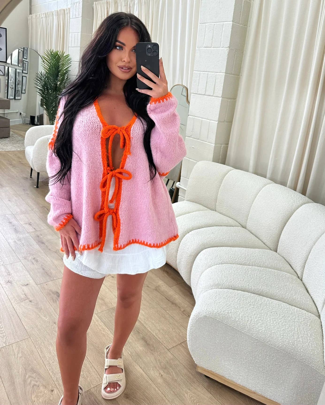 Color-blocking bow knitted cardigan