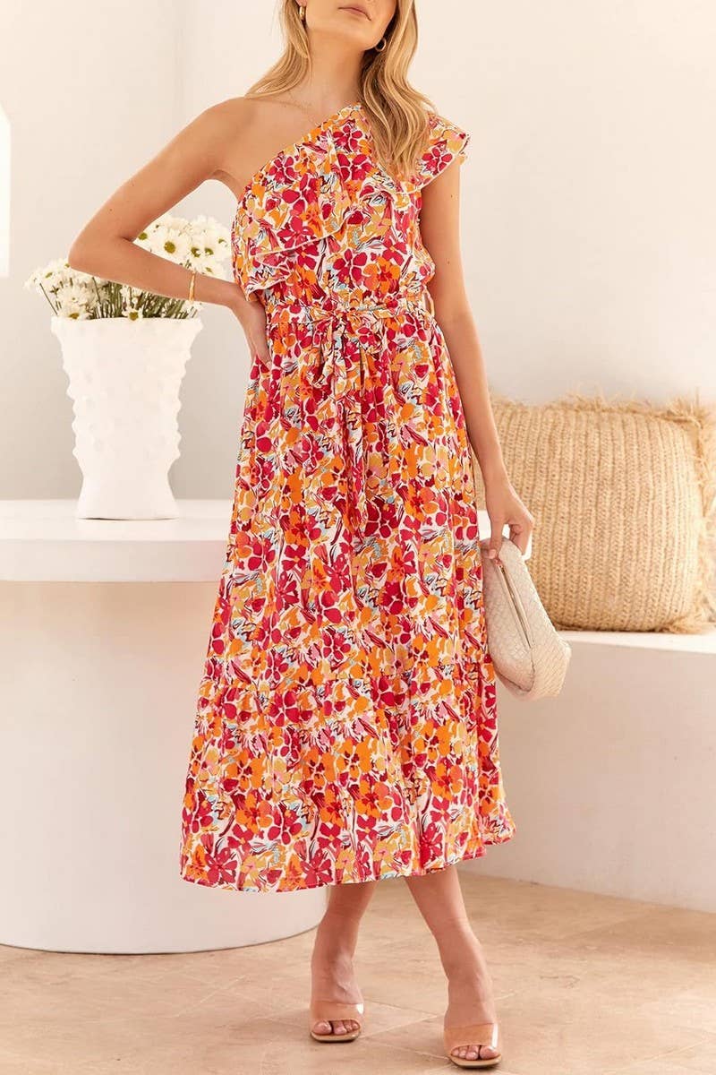 CWDMD4123_ONE-SHOULDER PRINTED TIE-NECK RUFFLE DRESS