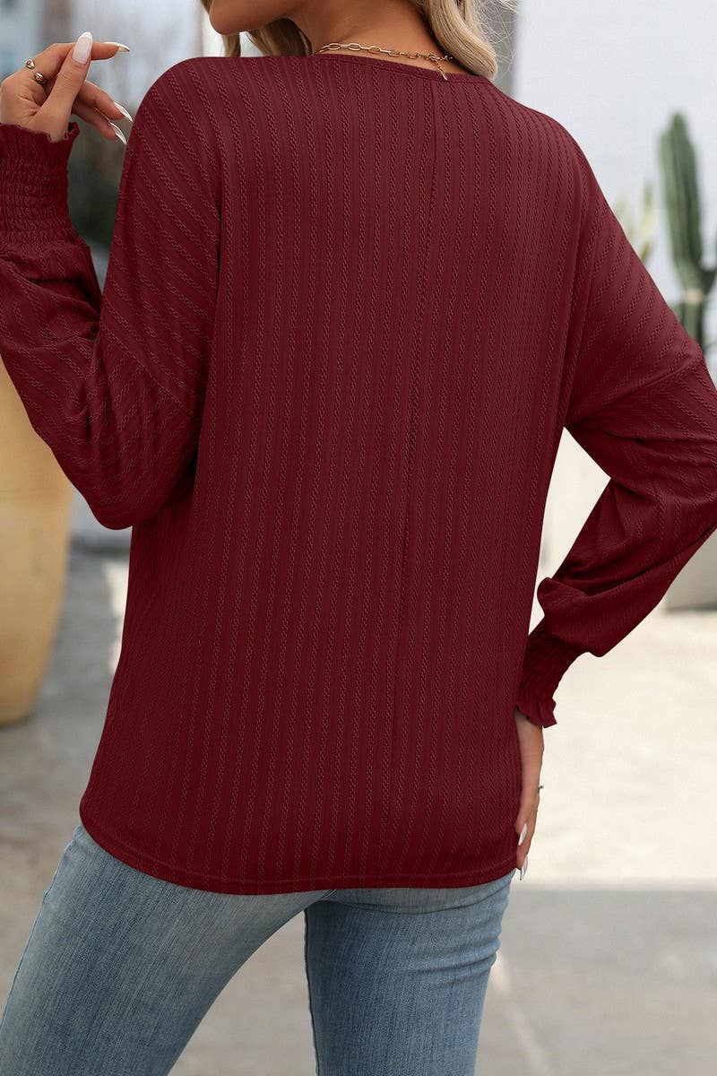 CWTBLL1814_LOOSE FIT V-NECK BATWING SLEEVE LONG SLEEVE TOP