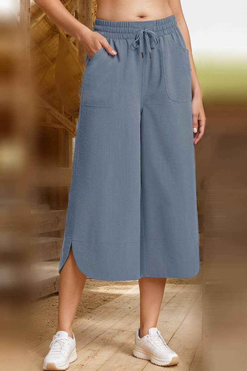 CWBLP2158_SOLID ELASTIC WAIST WIDE LEG CULOTTE PANTS