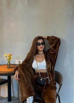 Casual velvet zipper hooded wide-leg pants set