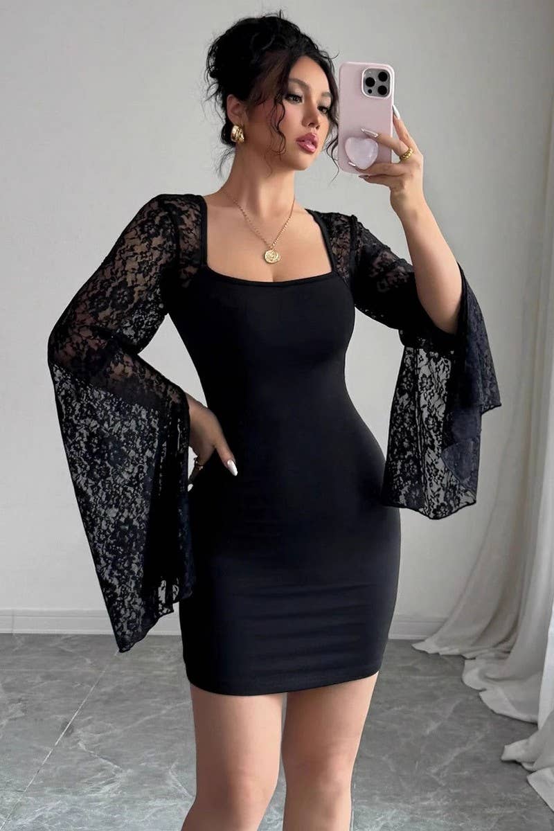 CWDSD10557_BELL SLEEVE SLIT LACE PANEL SQUARE NECK HIP DRESS
