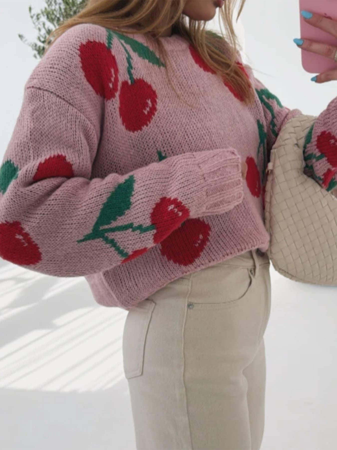 Cherry jacquard loose long sleeve knitted sweater