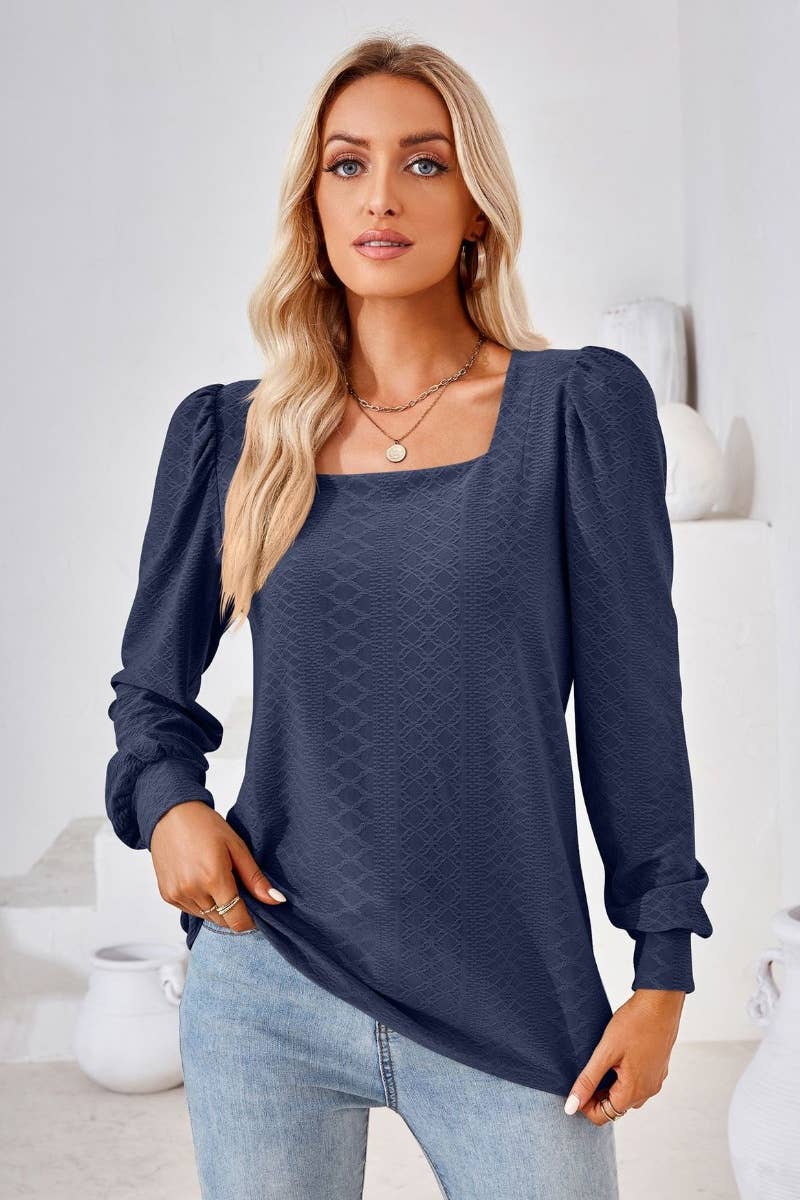 CWTBLL2798_AUTUMN SQUARE NECK JACQUARD LONG-SLEEVED TOP