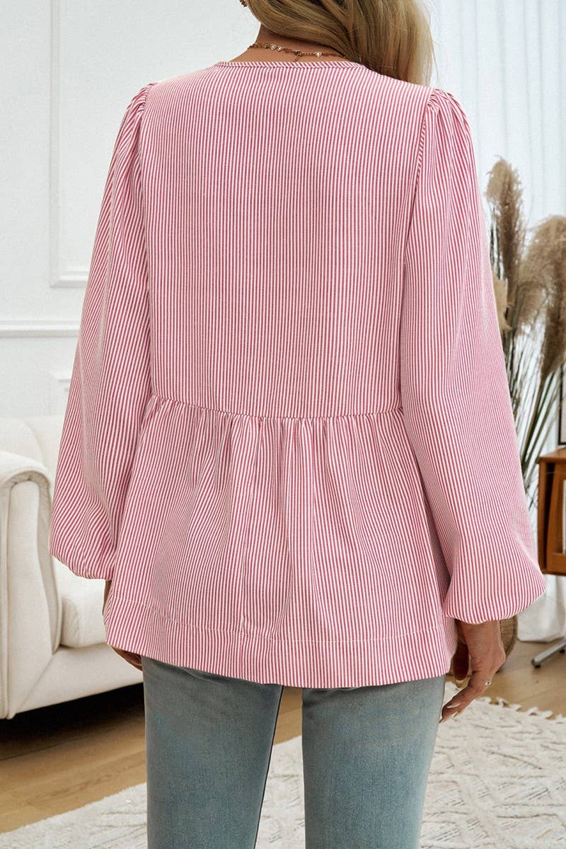 CWTSTL2742_CASUAL LOOSE STRIPED LANTERN SLEEVE TIE SHIRT