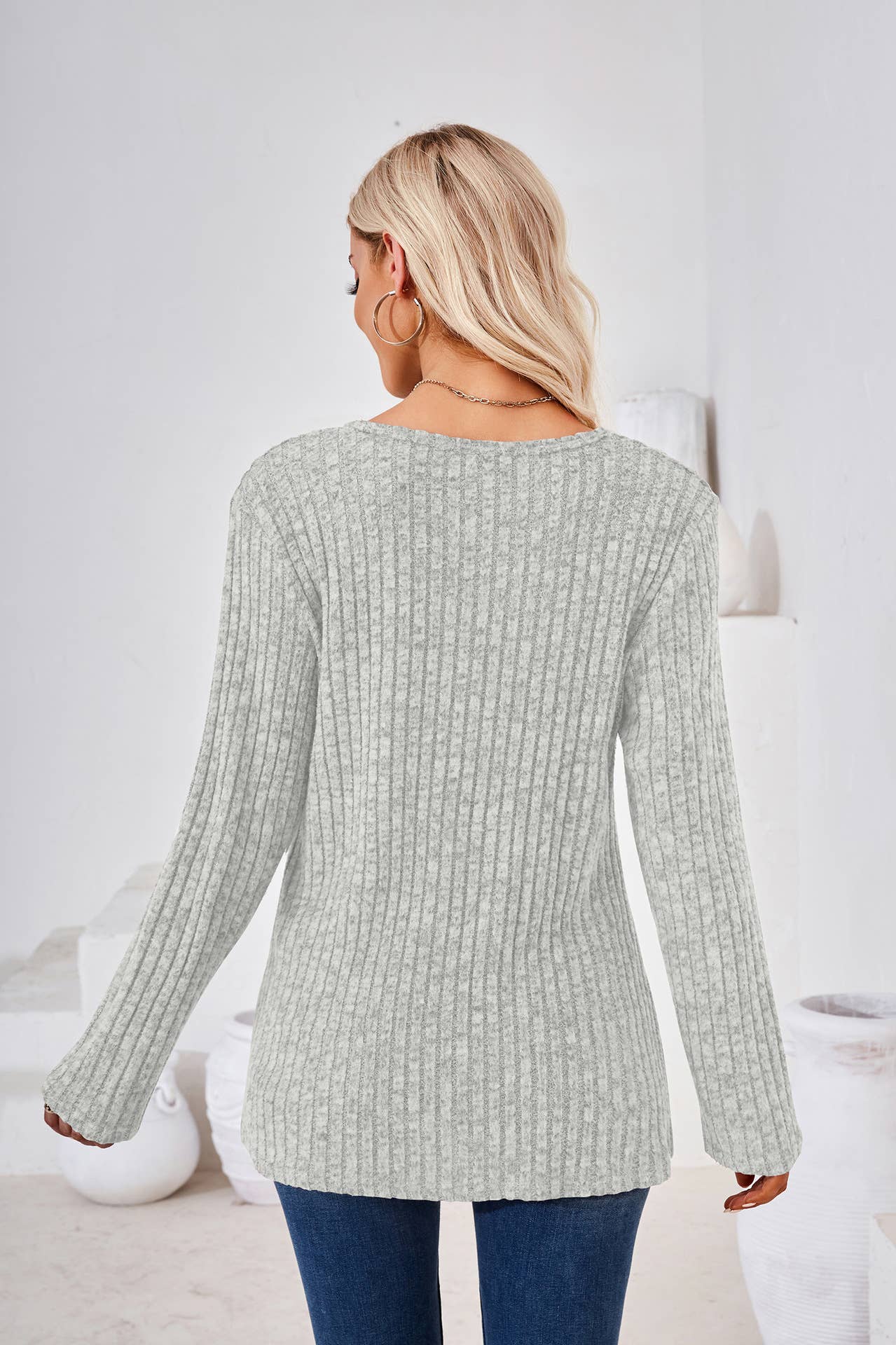 CREW-NECK BUTTON-UP LONG-SLEEVED LOOSE T-SHIRT