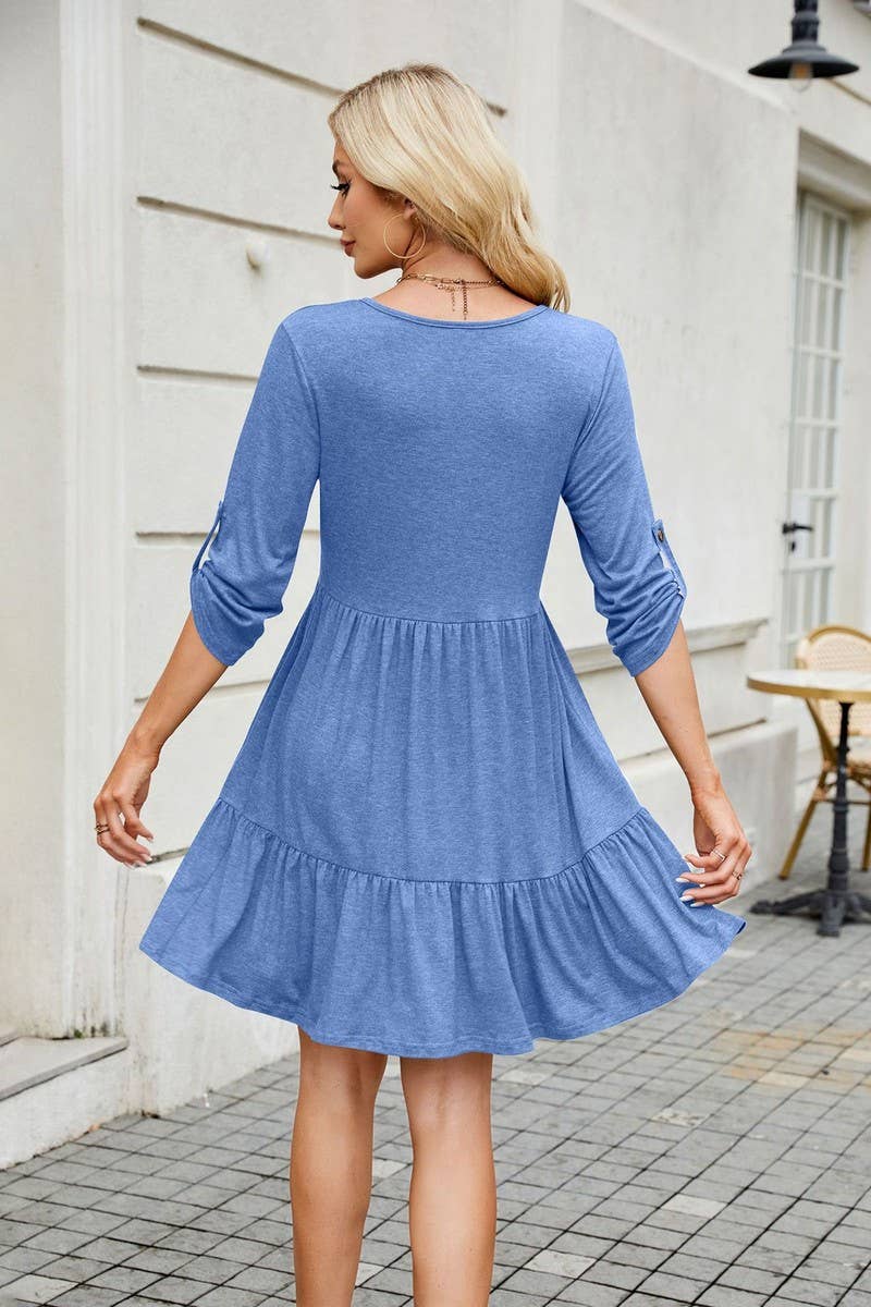 CWDSD8716_V-NECK LONG SLEEVE BUTTON FRONT LOOSE SOLID DRESS