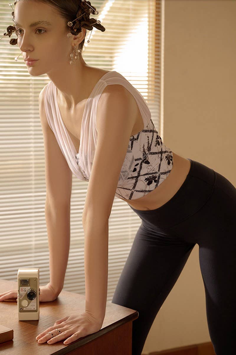 CWSTB1982_PRINTED MESH PANEL PADDED RACERBACK SPORTS BRA