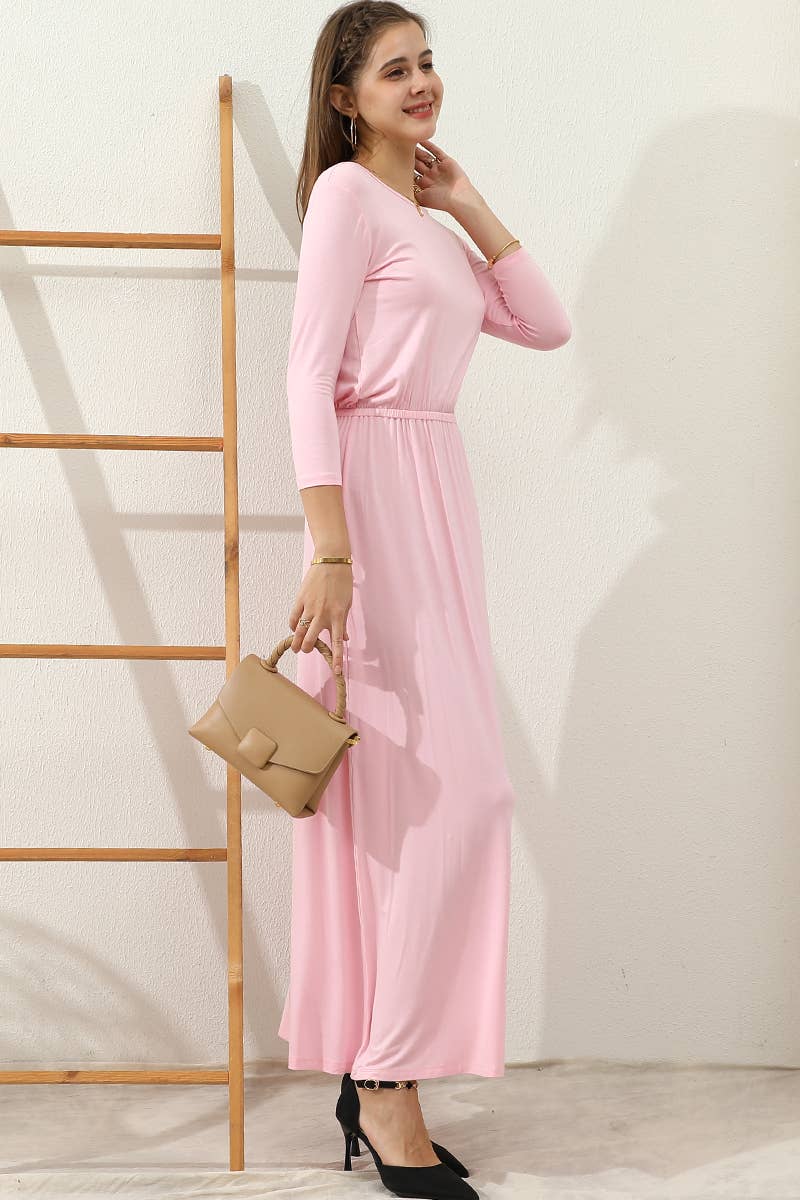 CWDMD797-P_PLUS SIZE ROUND NECK MAIX LONG SOLID DRESS