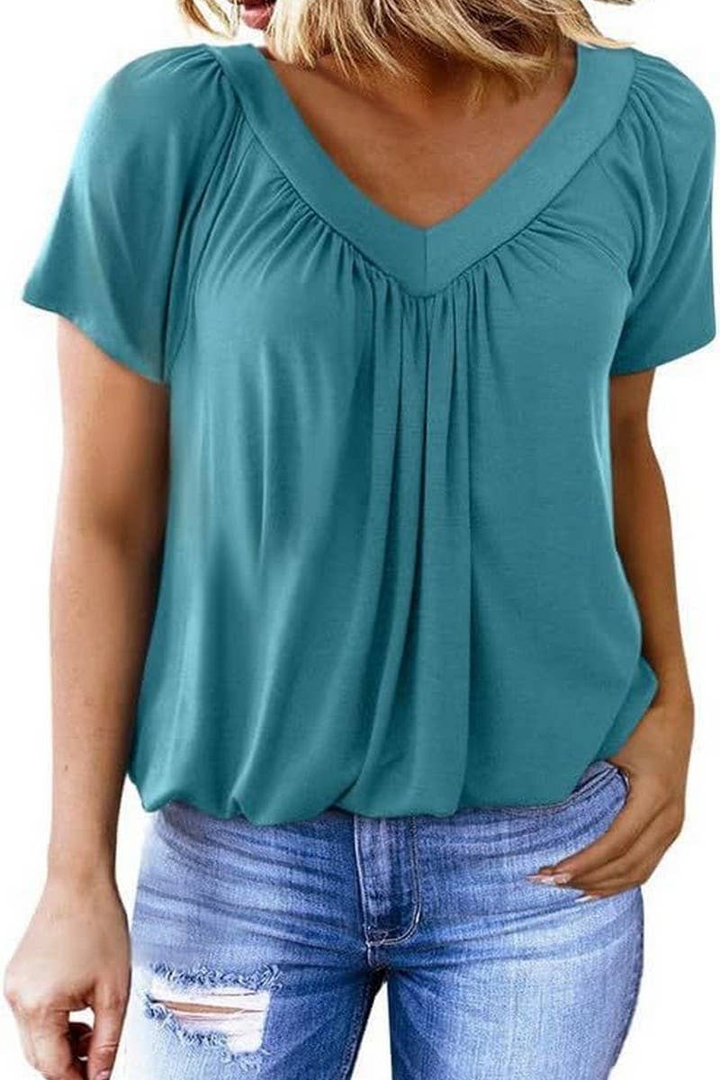 CWTBLS2255_V-NECK RUCHED LOOSE FIT COTTON T-SHIRT