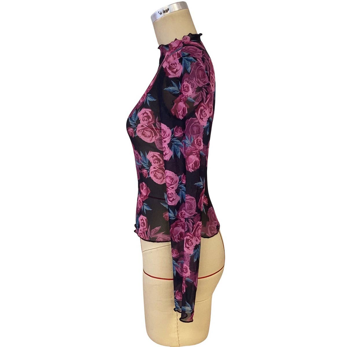 FLORAL-PRINT MESH LONG-SLEEVE MOCK NECK TOP
