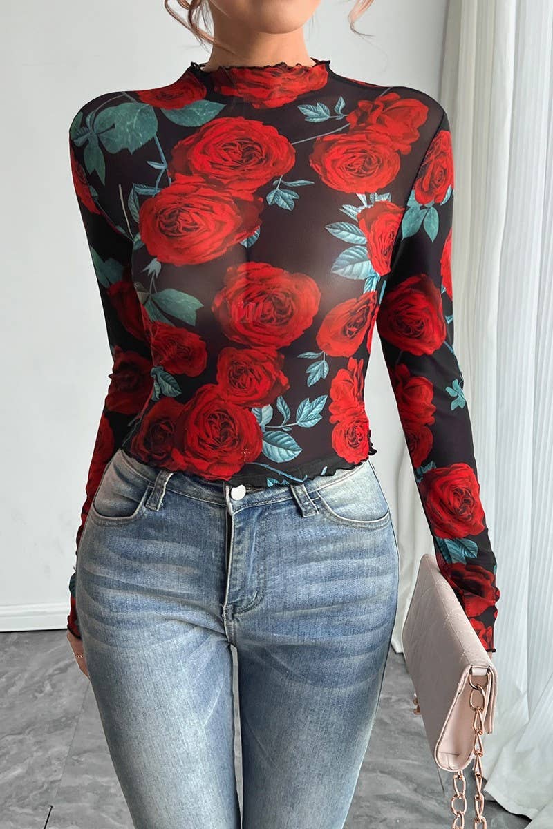 CWTBLL3910_SHEER ROSE FLORAL PRINT LONG SLEEVE MESH TOP