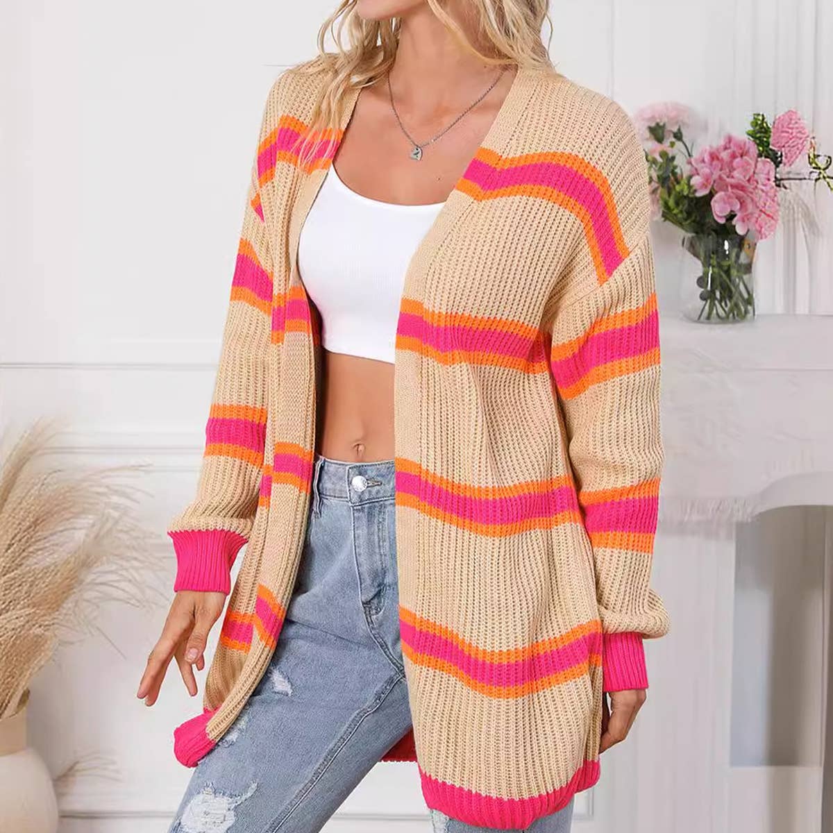 Contrasting color unbuttoned fashion knit cardigan jacket