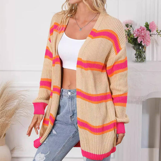 Contrasting color unbuttoned fashion knit cardigan jacket