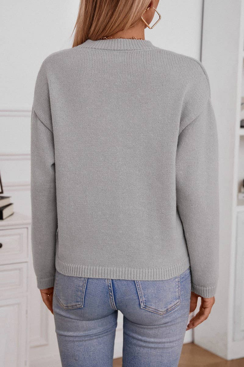 CWOSWL6942_SOLID POCKET LOOSE FIT V-NECK KNIT SWEATER