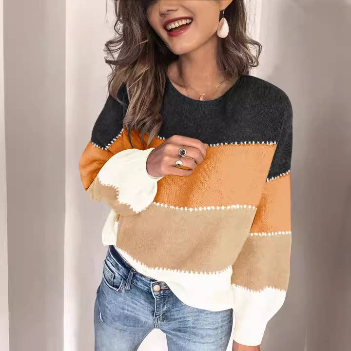 CWOSWL3115_COLORBLOCK CREW NECK MID-LENGTH KNITTED SWEATER