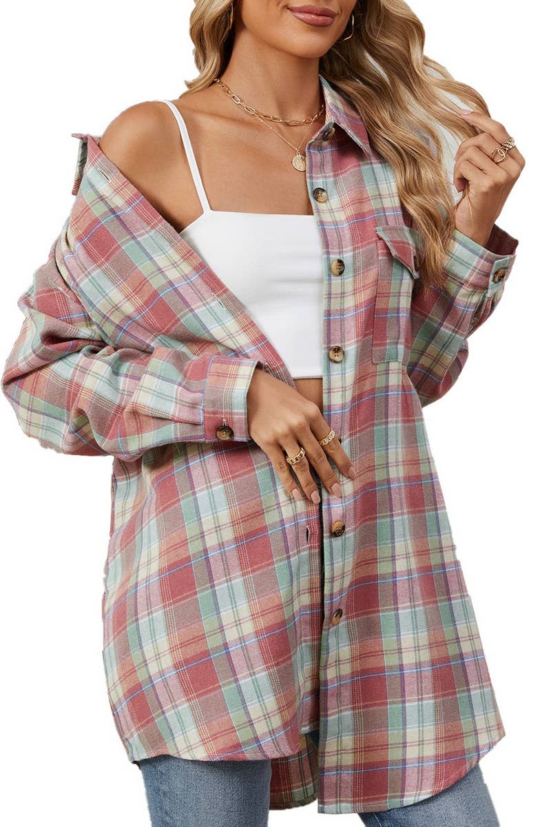 CWTBLL3745_AUTUMN AND WINTER STRIPED PLAID BUTTON-DOWN SHIRT