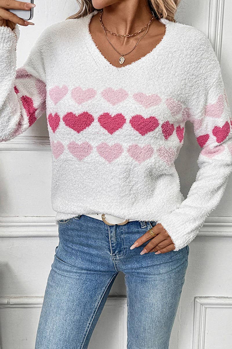 CWOSWL6902_V-NECK LONG SLEEVE HEART PRINT SWEATER