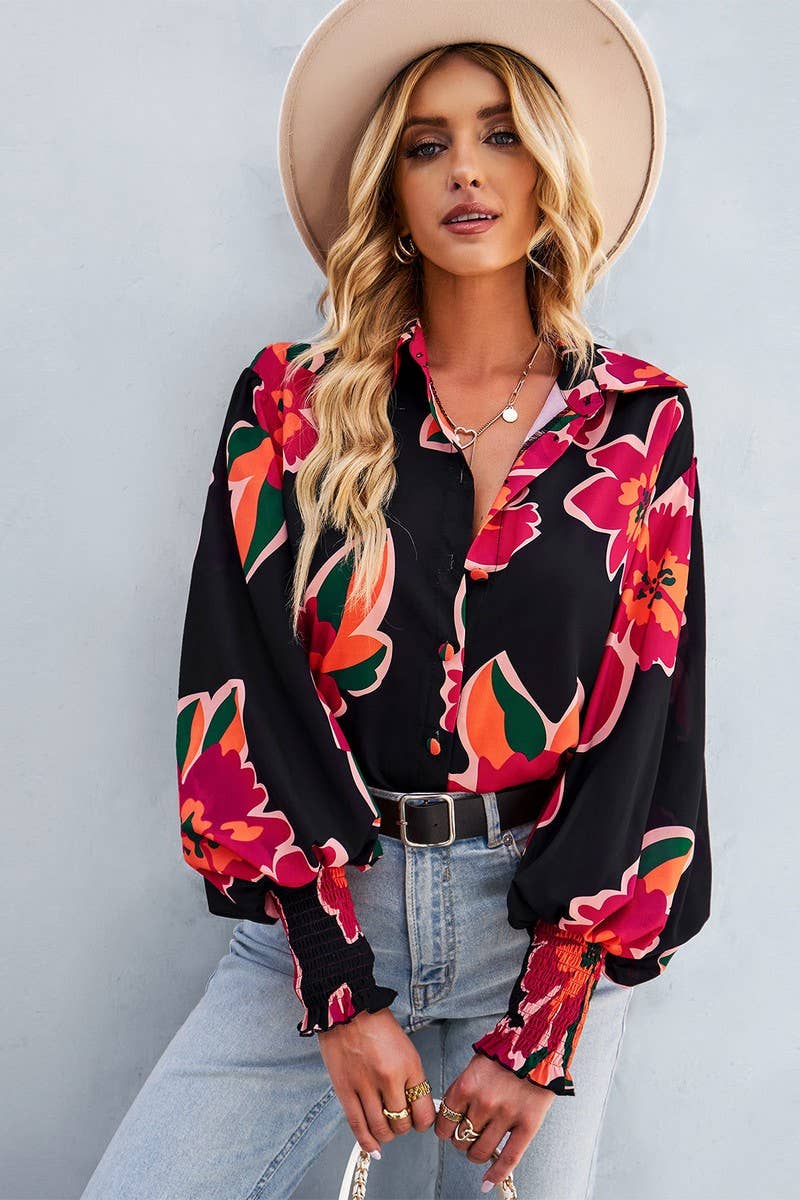 CWTBLL2770_LAPEL LONG SLEEVE PRINTED SHIRT TOP