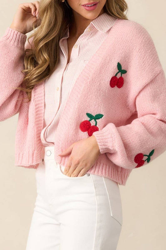 CWOCAL2361_ELEGANT PEACH EMBROIDERY KNIT CARDIGAN TOP