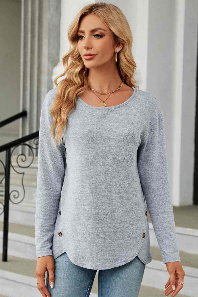 CWTBLL2839_BIG CREW-NECK LONG SLEEVE SPLIT BUTTON TOP