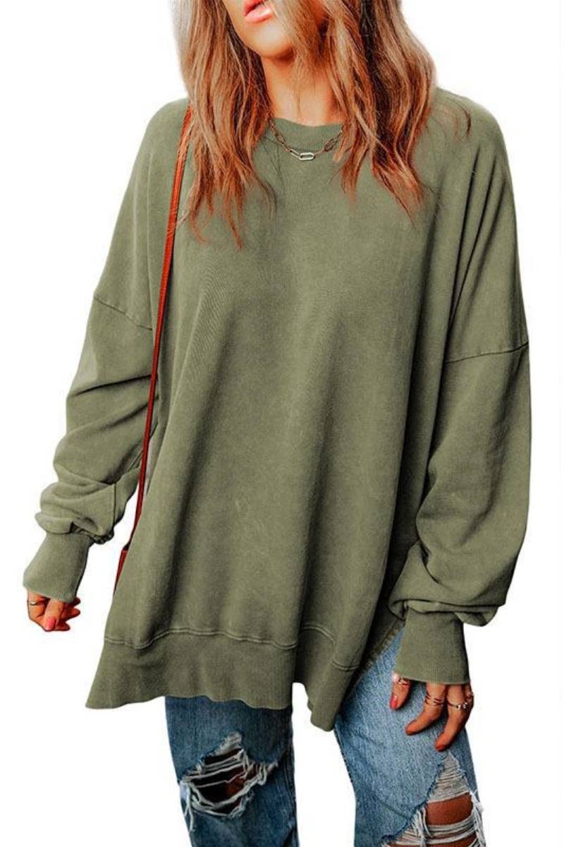 CWOHOL1055_SOLID COLOR CREW-NECK LONG-SLEEVED SLIT HOODIE