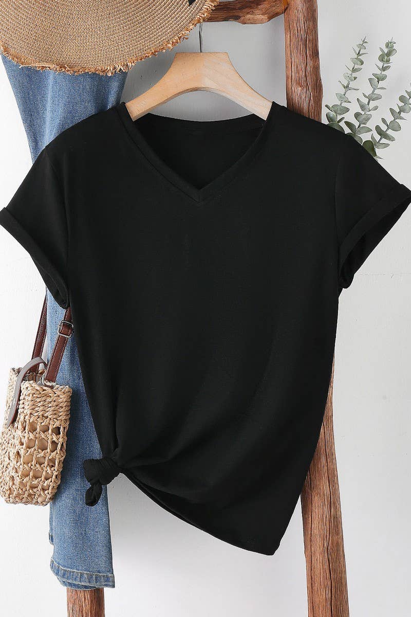 CWTTS1544_V-NECK FASHION SIMPLE SOLID COLOR SHORT SLEEVES