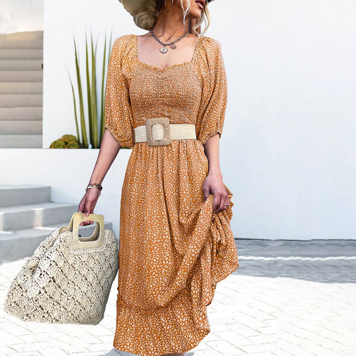 FLORAL DRESS WITH SQUARE COLLAR PUFFED SLEEVES