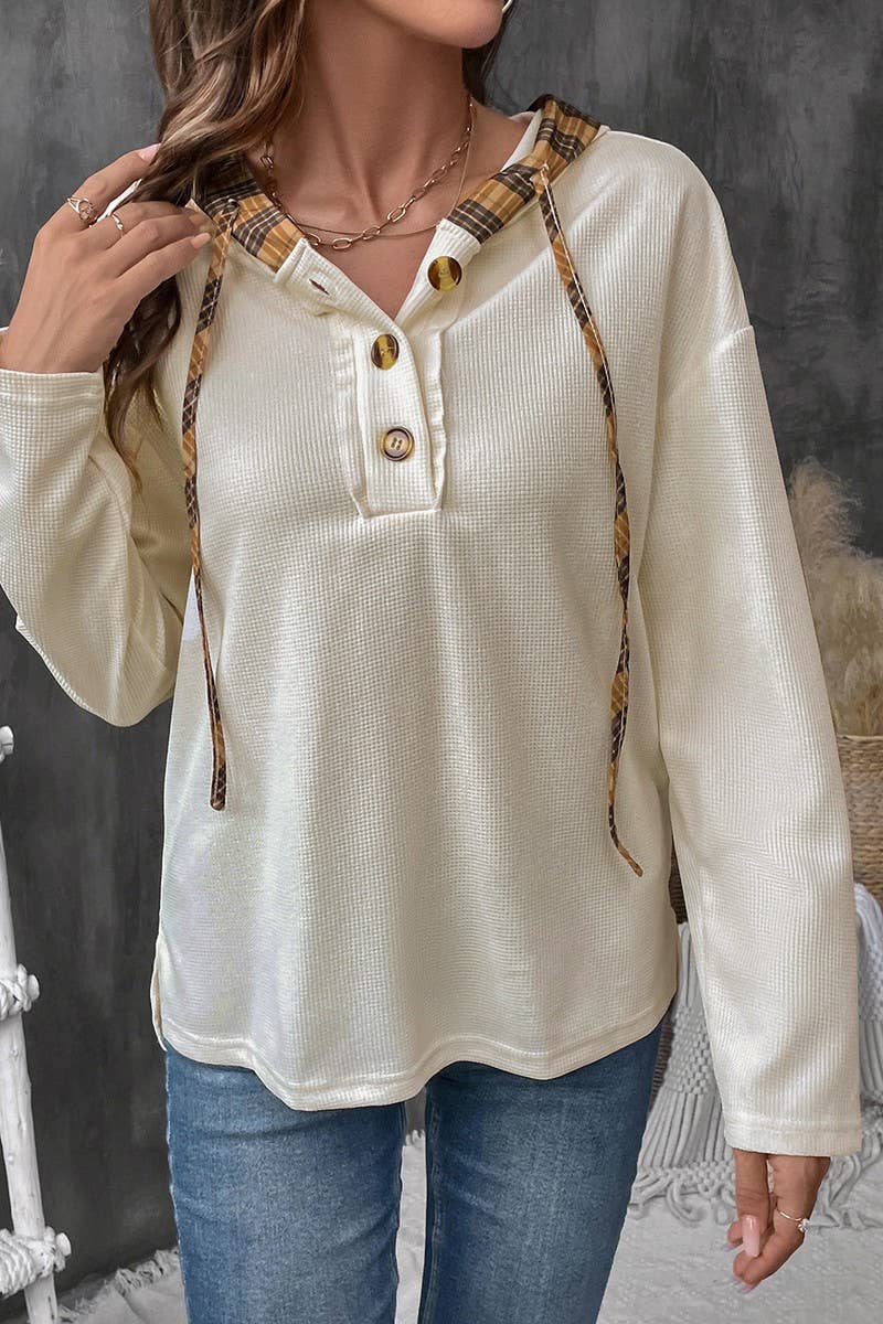 CWOHOL0687_PANELED CHECK LONG SLEEVE HOODIE