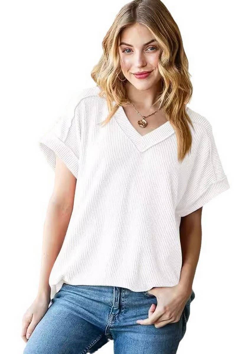 CWTBLS1500_V-NECK RIBBED JACQUARD KNIT SHORT-SLEEVED T-SHIRT