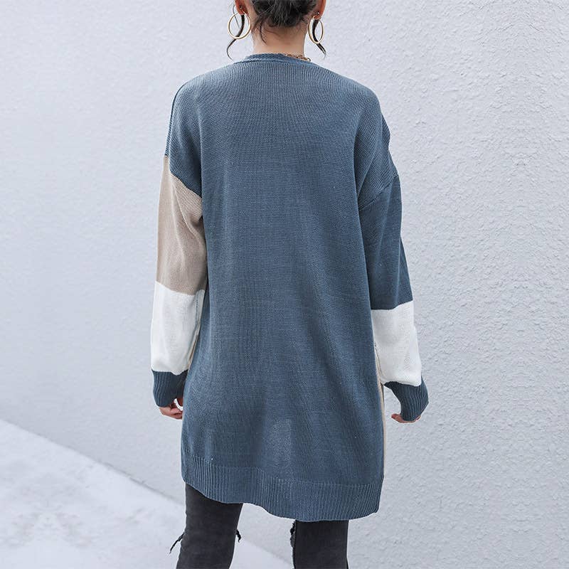 Color-blocking casual long knitted cardigan