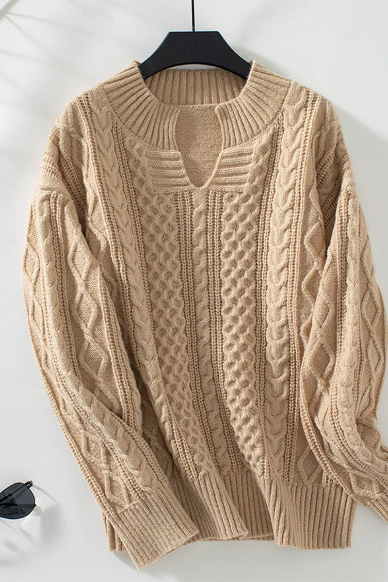 CWOSWL2827_SOLID COLOR CABLE KNIT PULLOVER SWEATER