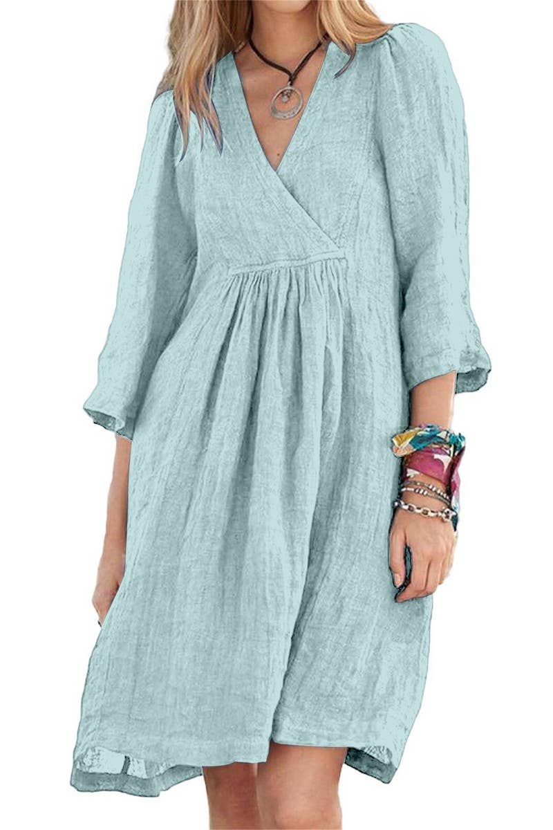 CWDSD10628_V-NECK CROSS-SLEEVE LOOSE CASUAL DRESS