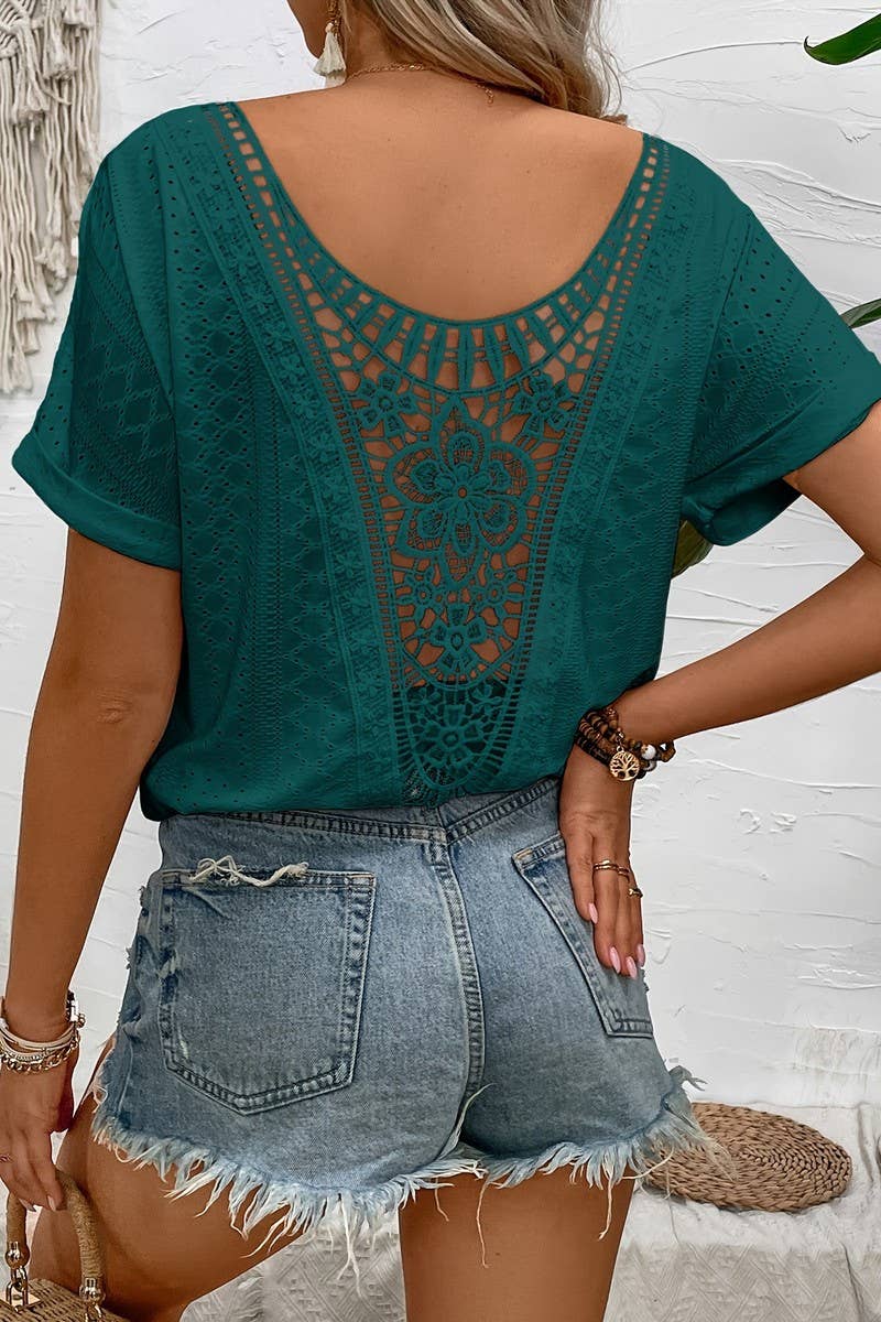 CWTTS1397_SUMMER SOLID COLOR EMBROIDERED HOLLOW T-SHIRT