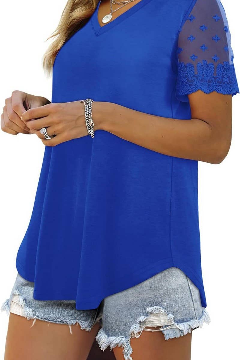 CWTBLS1431_V-NECK LACE STITCHING SHORT-SLEEVED TOP