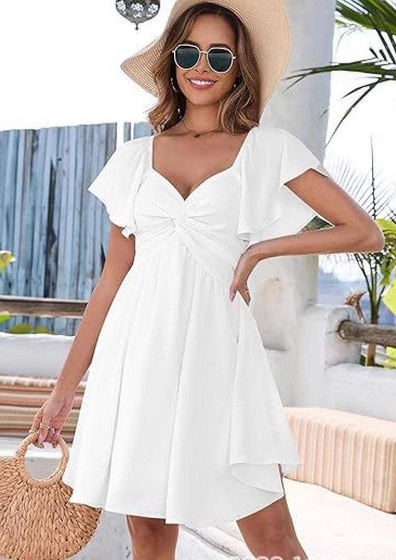 CWDSD10674_V NECK RUCHED WAIST CHIC MINI DRESS