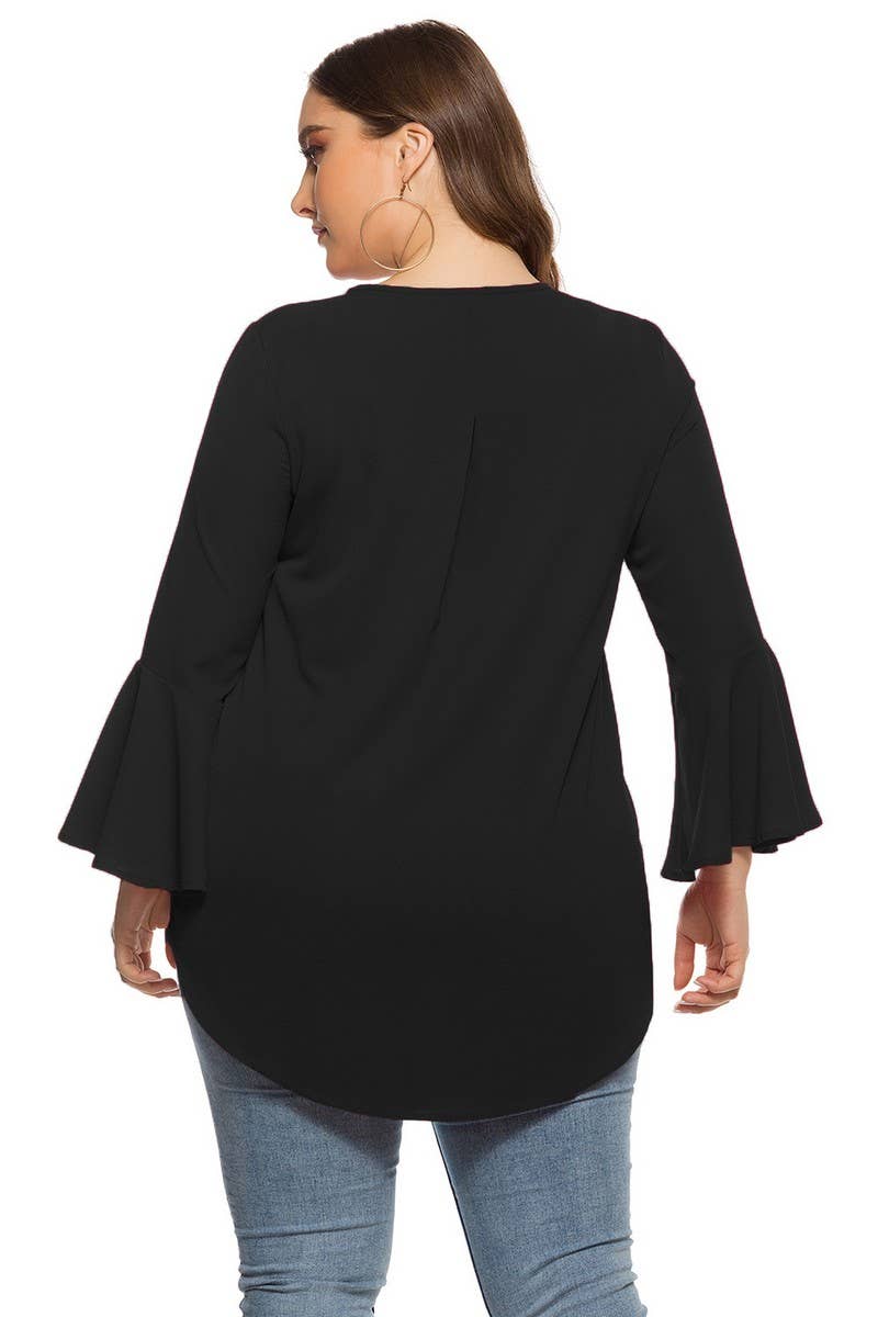 CWTBLL1403_PLUS SIZE ROUND NECK RUFFLE SLEEVE LOOSE TOP