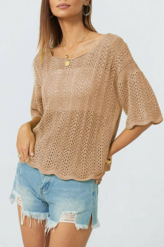 CWTBLS0759_KNITTED CREW NECK HOLLOWED OUT SHORT JACKET