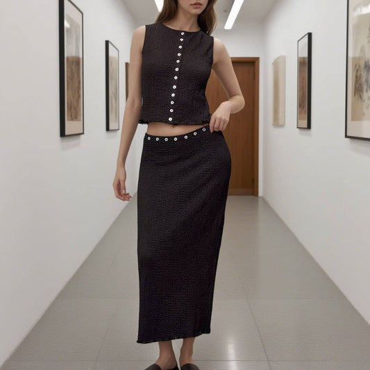 Button-down top embossed knitted long skirt set