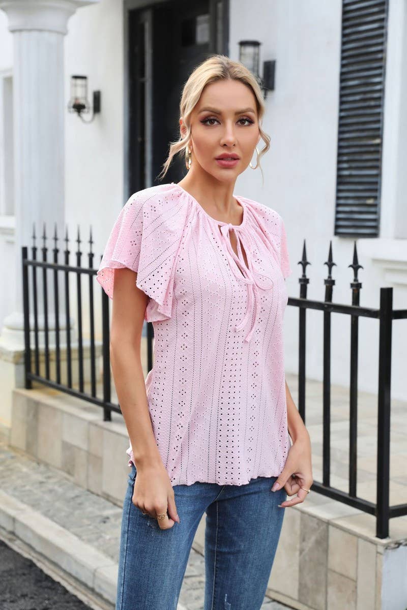 CWTBLS0407_Round Neck Short Sleeve Casual Knit Top