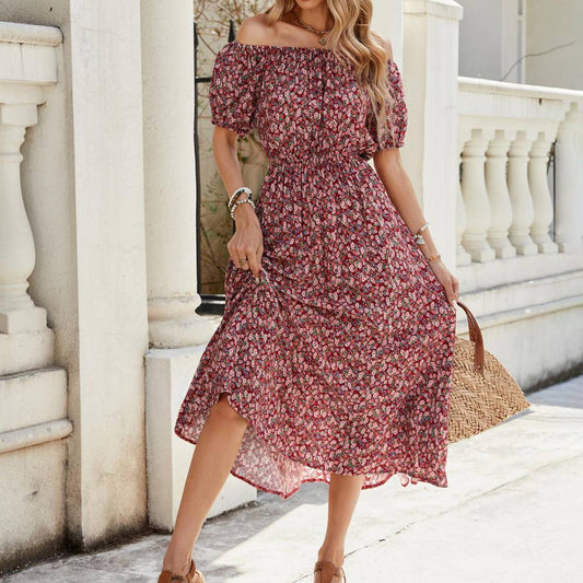 Floral one-line shoulder short sleeve long dress