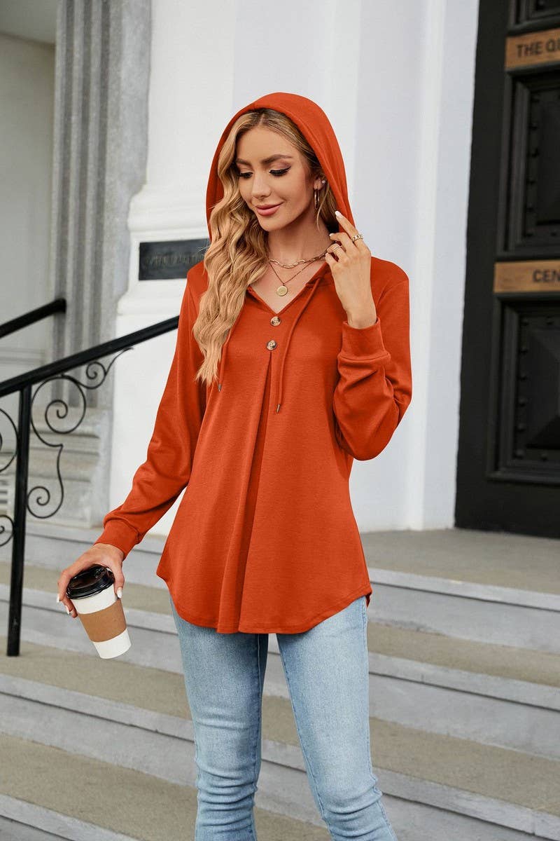 CWOHOL0932_SOLID COLOR V-NECK BUTTON HOODED LOOSE SWEATSHIRT