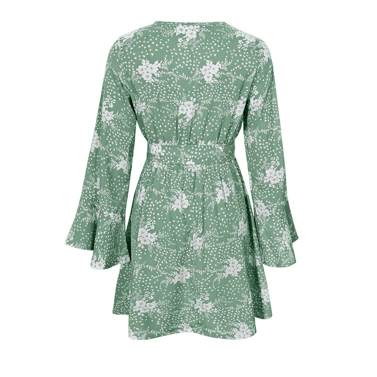 Flared sleeve V-neck printed long-sleeved dress