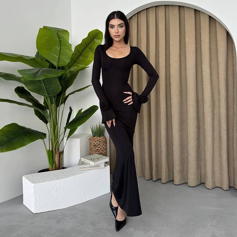 ELEGANT CREW-NECK ROSE LONG-SLEEVED DRESS